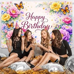 Happy Birthday Floral Backdrop, 5x3ft Birthday Banner, Colorful Flower and