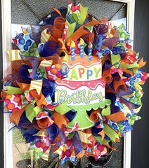 Festive Happy Birthday Party Cake Front Door Deco Mesh Wreath Gender Neutral