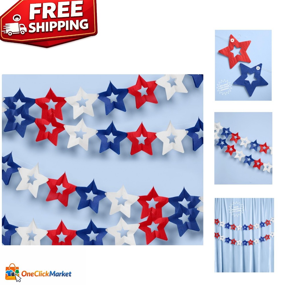 10ft Red, White & Blue Paper Star Banner Set of 2 for Patriotic Celebrations