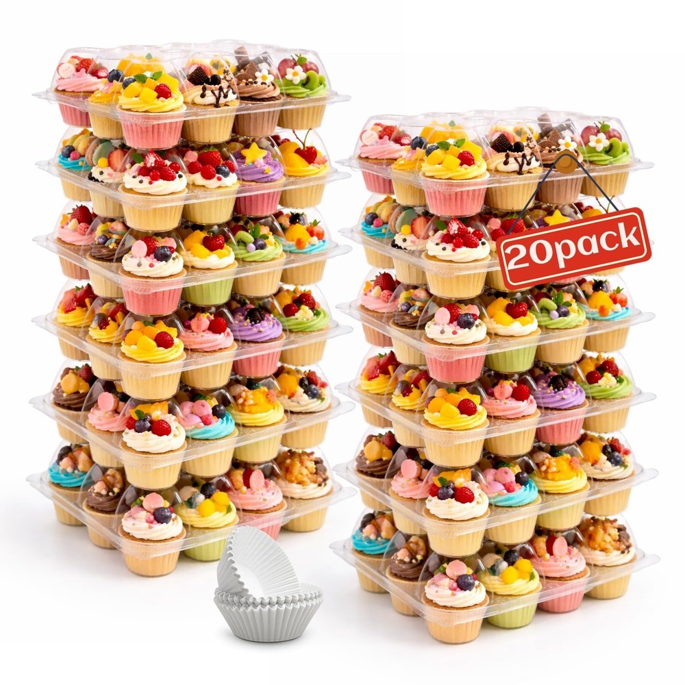 (12 Count x 20 Sets Plastic Cupcake Containers with Liners, Clear Cupcake Hol…
