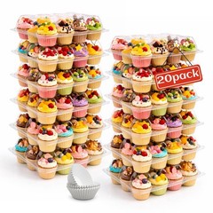 (12 Count x 20 Sets Plastic Cupcake Containers with Liners, Clear Cupcake Hol…