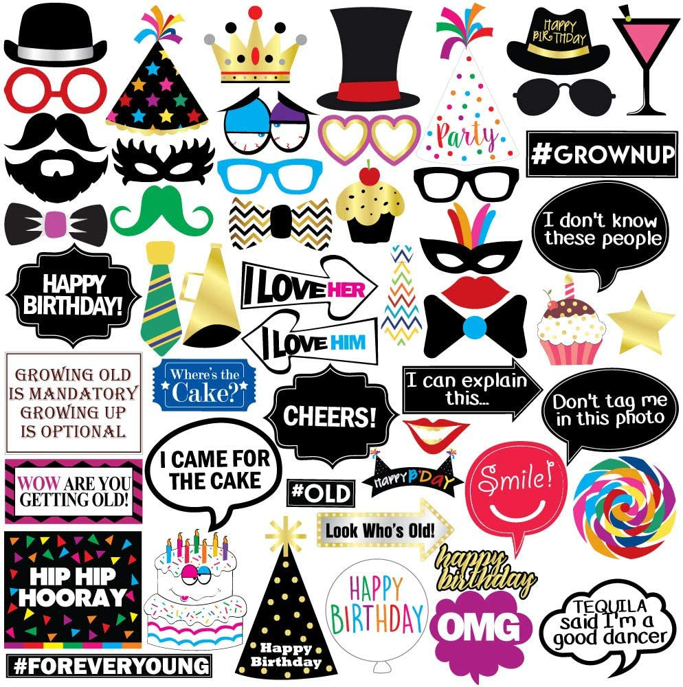 Funny Birthday Photo Booth Props – 47 Pieces – Funny Birthday Party Supplies for
