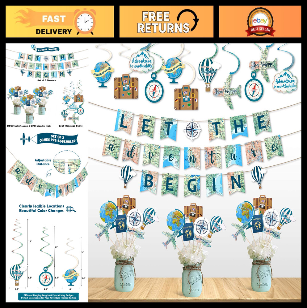 52pcs Travel Party Decorations – Adventure Begins Banner, Hanging Swirls, Table