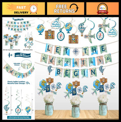 52pcs Travel Party Decorations – Adventure Begins Banner, Hanging Swirls, Table