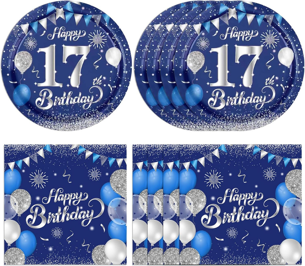 40Pcs 17Th Birthday Decorations for Boys Girls Elegant Blue Silver 17 Years Old