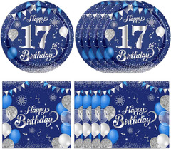 40Pcs 17Th Birthday Decorations for Boys Girls Elegant Blue Silver 17 Years Old