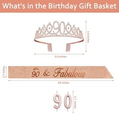 90th Birthday Decorations for Women with Rose Gold Sash,