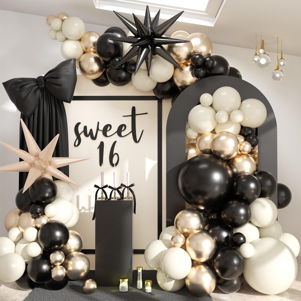 Black White Gold Balloon Garland Kit, 115Pc Beige Sand Black Cream Metallic G…