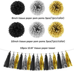 Silver Black Gold Party Decorations – 23pcs Tissue Paper Flowers Pom Poms Tassel