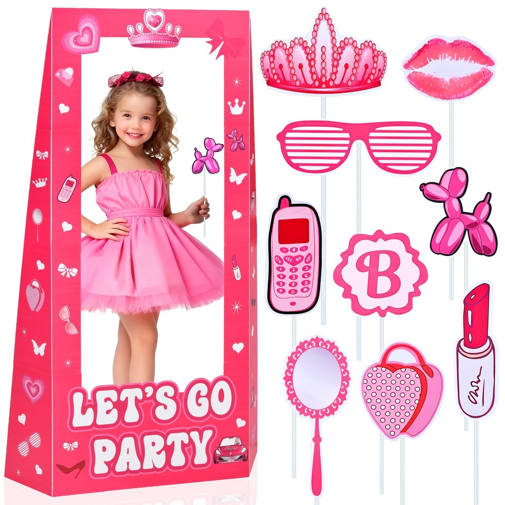 4.5FT Life Size Doll Photo Booth with 9Pcs Photo Props, Pink Princess Party D…