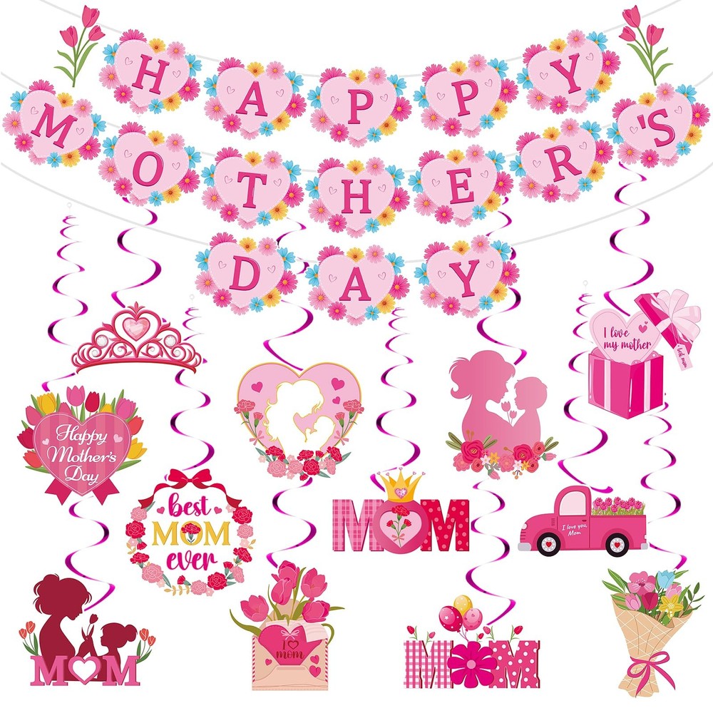 Happy Mother’s Day Decorations Banner and Hanging Swirls,Pink Flower Mothers Day