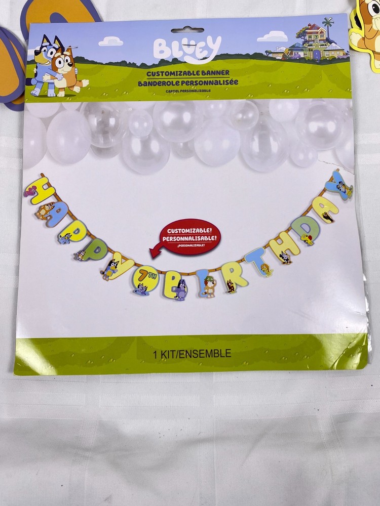 Bluey Customizable Banner. Added in 11 spiral hanging deco pieces