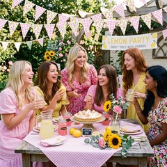 5 Pcs 49 ft Lemon Gingham Banner Pink Yellow Lemonade Checkered Party Decorat…