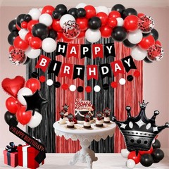 Red And Black Decorations for ,Fringe Curtains Happy Banner,Red balloons,Cake…