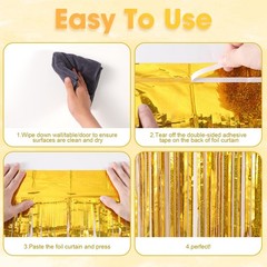 2 Pack Laser Gold Foil Fringe Backdrop Curtains, Tinsel Streamers, Party Decor