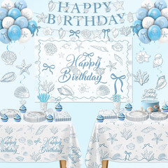 Seashell Party Decorations for Summer Beach Birthday Turned Pretty, Blue Bow Sea
