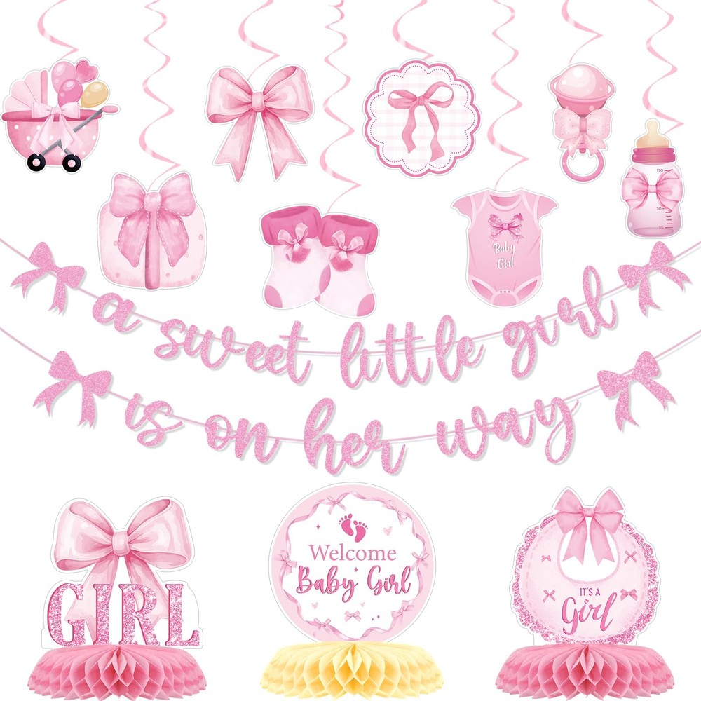 Pink Bow Baby Shower Decorations – 13Pcs a Sweet Little Girl is on Her Way Ba…