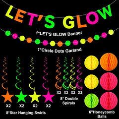 Neon Party Supplies Includes Let’S Glow Banner Star Hanging Swirls Circle Dot Ga