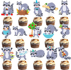 48Pcs Raccoon Theme Cupcake Toppers Woodland Animal Birthday Party Decorations C