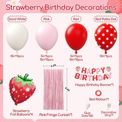 Strawberry Birthday Party Decorations with Pink Fringe Curtain Happy Birthday…
