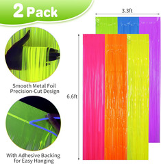Glow in the Dark Tinsel Curtains 2 Pack – 3.3X6.6Ft Fluorescent Party Backdrop