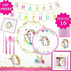 Unicorn Themed Birthday Party Plates Supplies Serve 16 Guest – 130 Pieces