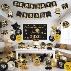 Graduation Decorations Set Class of 2026 Backdrop Congrats Grad Banner Hangin…
