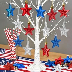 Festive 24PC Patriotic Star Decorations in Red, Silver & Blue – Pre-Hung Design