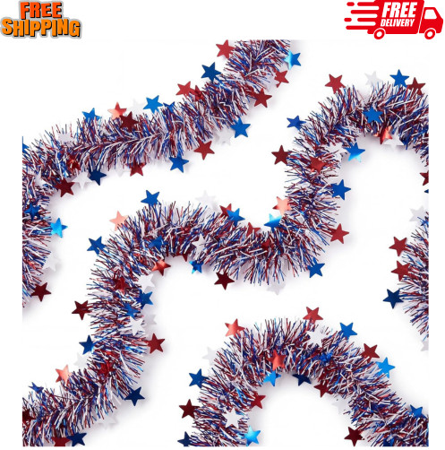 50FT Patriotic Garland, Red White Blue Tinsel 4th of July Decorations,