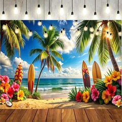 Hawaiian Beach Backdrop Tropical Flower Palm Background Aloha Party Banner Photo