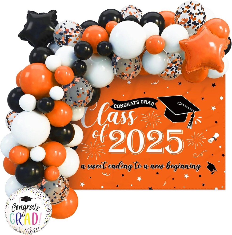 Orange Graduation Photo Backdrop Banner And Balloons Garland Class of 2025 De…