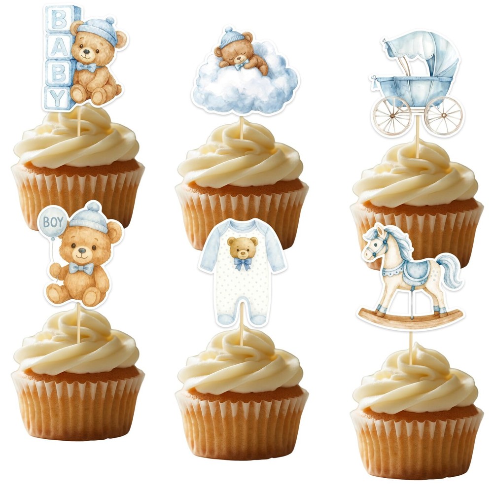 36pcs Baby Boy Bear Cupcake Toppers, Blue Baby Boy Shower Cupcake Decorations…