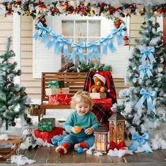 1 String Blue Bow Garland Banner, Pre-Strung Ribbon Bows Decorations for
