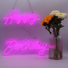 Pink Integrative Neon Sign Happy Birthday 18 x 7.05 in + 13.3 x 6.2 in
