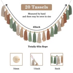 Sage Green Brown Boho Yarn Wood Bead Tassel Garland Wall Hanging Decor Neutra…