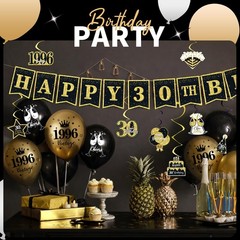 30th Birthday Decorations for Men Women Black Gold, 37PCS S, 30/1996