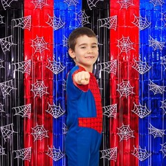 Red Black Blue Spider Web Fringe Curtains 2 Pack Photo Booth Backdrop