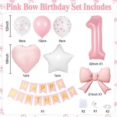 1st Pink Bow Birthday Decorations for Girls,Pink White Clear Bow Latex Balloo…