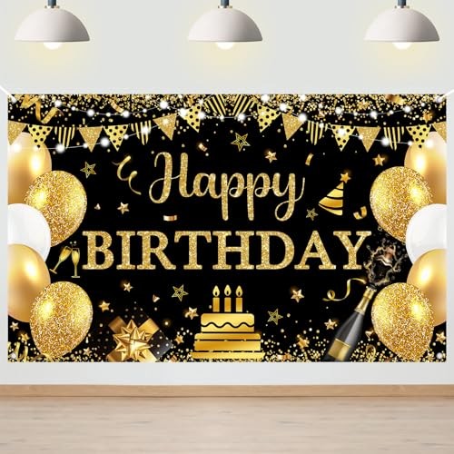 Happy Birthday Banner Glitter Balloon Happy Birthday 6 x 3.6 ft Black Gold