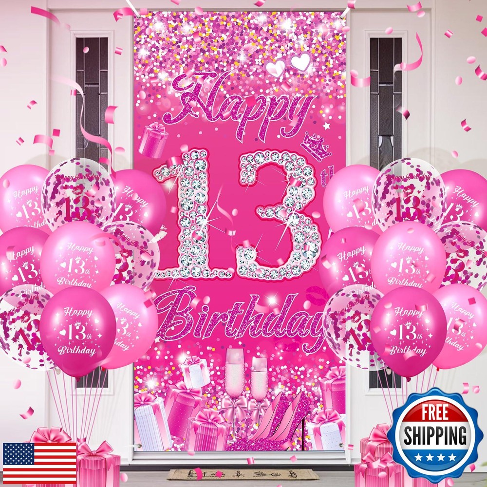 Pink 13th Birthday Decorations for Girls Boys Pink Happy 13th Birthday Door C