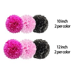 12 PCS Pink Black Paper Pom Poms Hanging Tissue Flowers Party Ceiling Decor