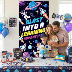 Back to School Door Banner, Blast into a Learning Adventure Decorations | Space