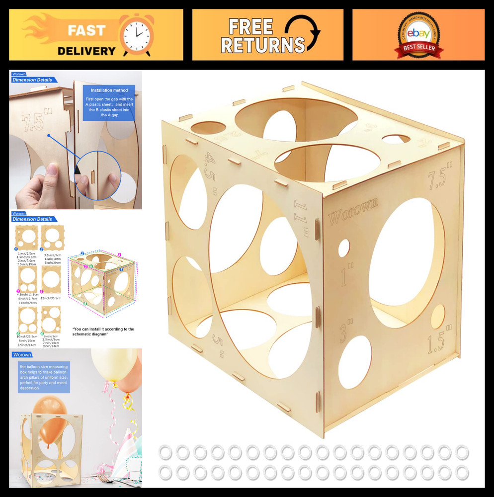 Collapsible Wood Balloon Measurement Box – 18 Holes, 1-12 Inch Sizer Cube Tool