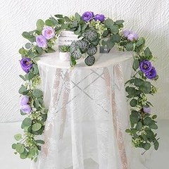 2 Pack 13Ft Artificial Eucalyptus Flower Garland with Purple Roses, Fake Rose