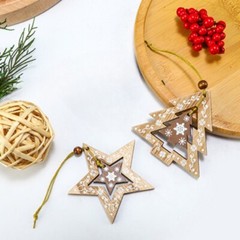 6X Christmas Tree Hanging Pendant Hollowed Wood Crafts Festive Xmas Decoration