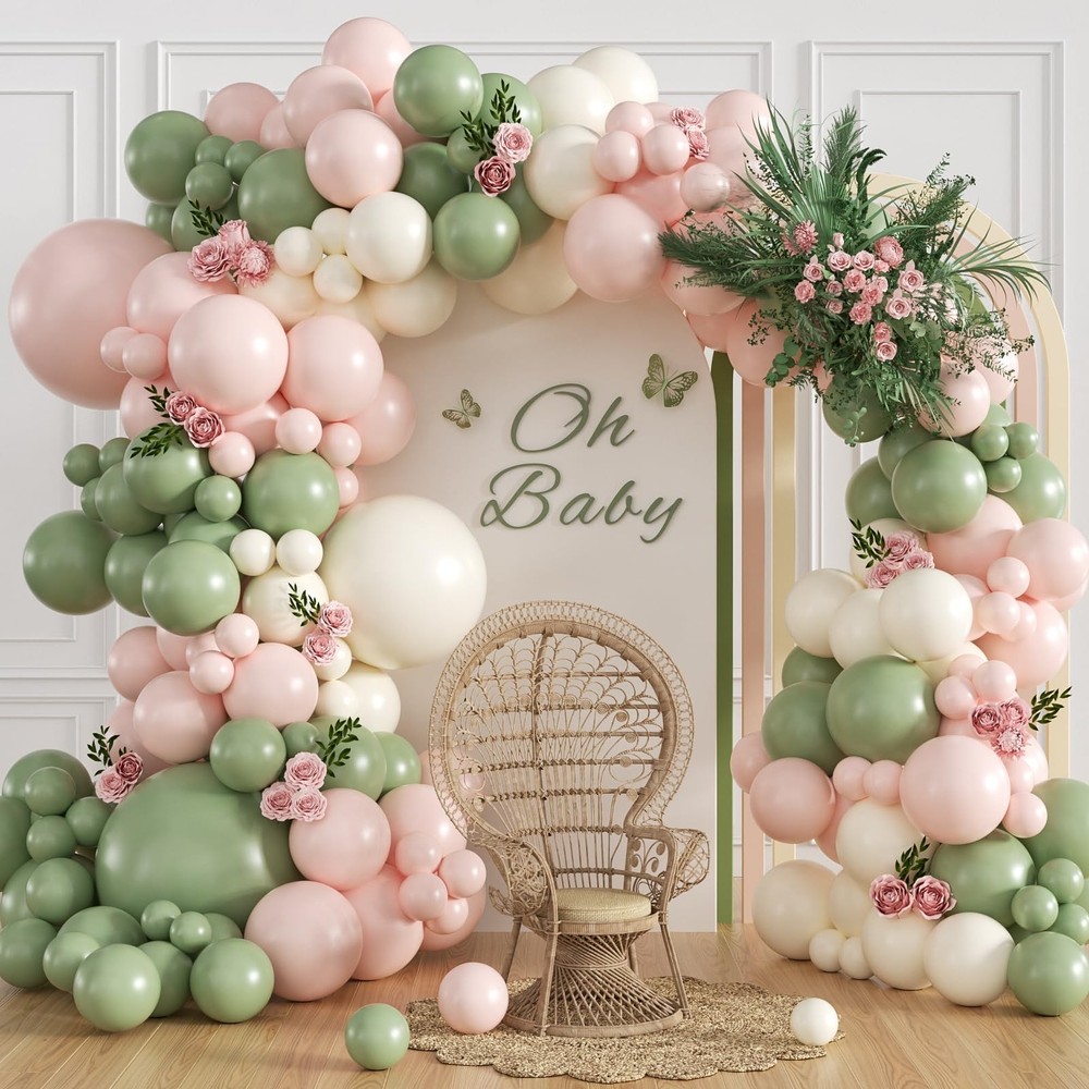 Pink and Green Balloon Arch Kit with Sand White Sage Green and Pink Balloons …