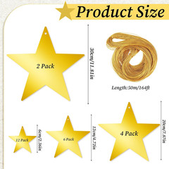 24Pcs Gold Hanging Stars Decorations, Glitter Star Cutouts with 55 Yard Gold Nyl