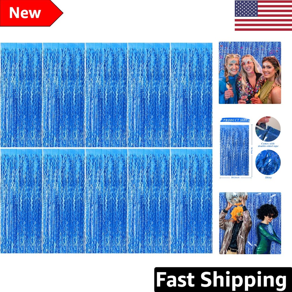 Durable Blue Foil Fringe Curtains – 10 Count for Birthday & Ocean Parties