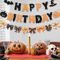 Happy Halloween Banner,Orange Glitter Halloween Decor Bow Bat Spooky Happy Ba…