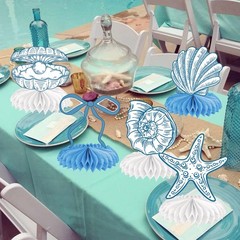 Blue Bow Starfish and Seashell Honeycomb Centerpieces 12PCS Ocean Coastal Bac…